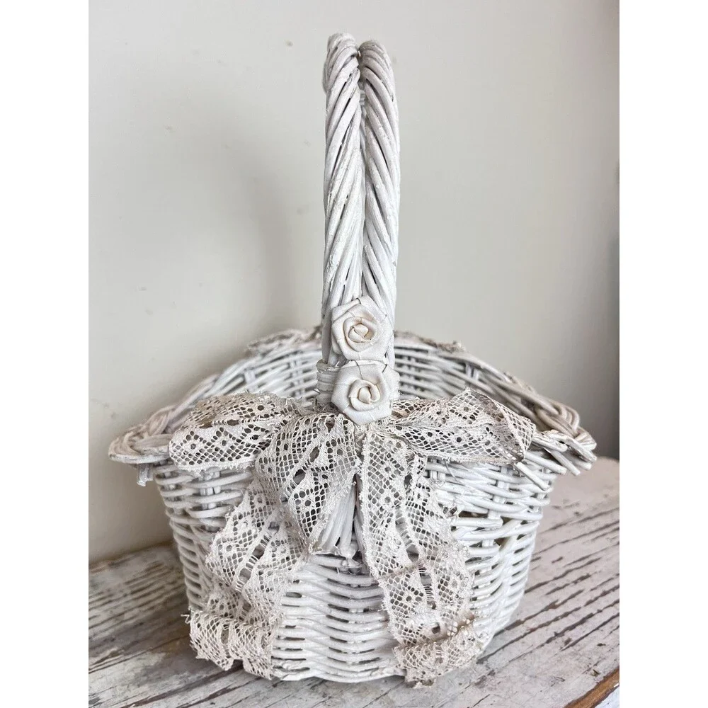 Vintage Shabby White Wicker Rosette Accent Lace Bowed Wicker Cottage Basket 13”